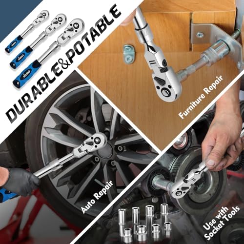 DISEN 3-Piece Extendable Flex-Head Ratchet Wrench Set with EVA Storage Case - 1/4", 3/8", 1/2" Drive, 72-Tooth, Rubber Grip, Adjustable Length - Professional Automotive and DIY Tools - 5