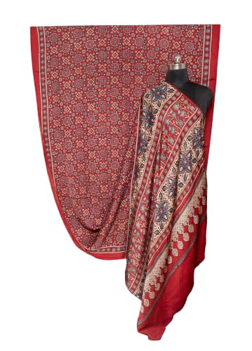 Image of Ethnics of Kutch Womenss Ajrakh Modal Silk Natural Dye Hand Block Print Saree with Blouse Piece - 5.5 Mtr Length