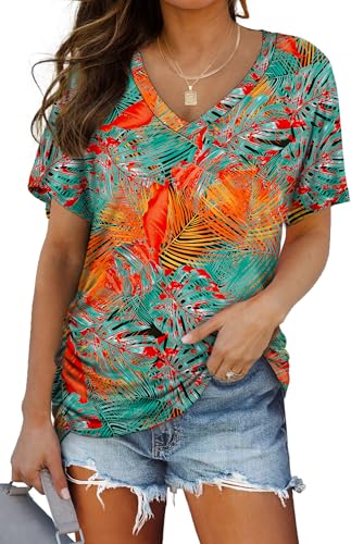 Image of WIHOLL Womens Summer T-Shirts Short Sleeve V Neck Dolman Tops with Side Shirring Loose Fit Shirts Spring Fashion
