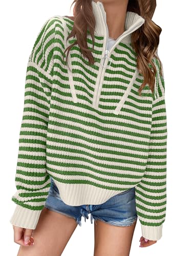 ANRABESS Sweaters for Women Striped Half Zip Long Sleeve Ribbed Knit Pullover Comfy Casual Lightweight Tops 2025 Fall Fashion