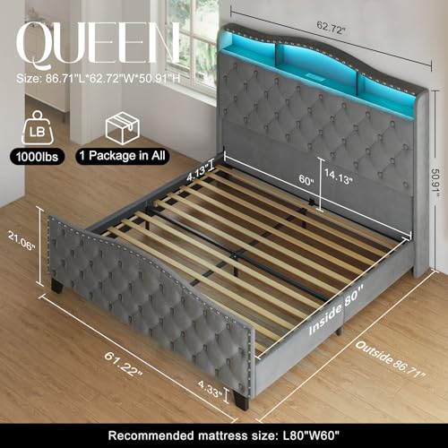 Image of Belffin Queen Size Bed Frame and Headboard, 50.9 inch Velvet Upholstered Wingback Bedframe with LED Lights & Storage /Charging Station, Button Tufted Tall Footboard, No Box Spring Needed, Noise-Free, Grey