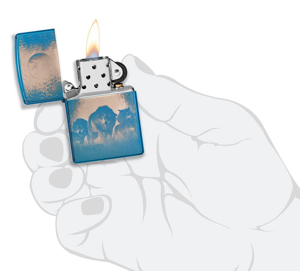 Zippo Encendedor a Prueba de Viento - Modelo Wolves - Acabado Azul Pulido con Color Image - Recargable - Reutilizable - Diseño a Prueba de Viento - Caja de Regalo Hecho en EEUU