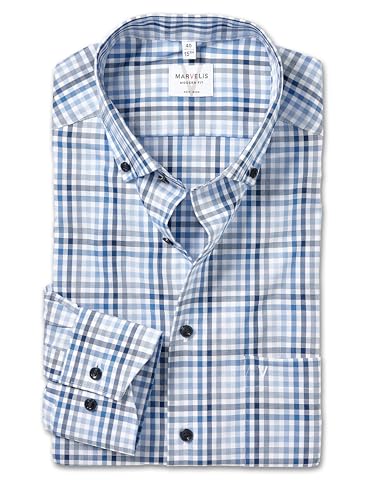 Marvelis Camiseta de manga larga para hombre, no irón, ajuste moderno, a cuadros, cuello con botones, Azul 15., 44