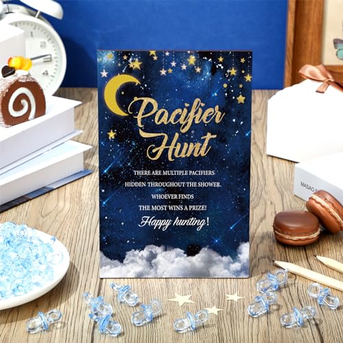 Image of Thyle 51 Pcs Over The Moon Pacifier Hunt Baby Shower Games Include Navy Blue Starry Night Hunt Sign and Acrylic Pacifiers Moon Theme Baby Shower Game Decoration Gift Sets for Gender Reveal Party Decor