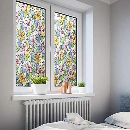 DUOFIRE Decorative Film Privacy Window Film Stained Glass Film No Glue Anti-UV Removable Window Cling Non-Adhesive Window Privacy Film DF87-Y055 (17.7in. x 78.7in.)