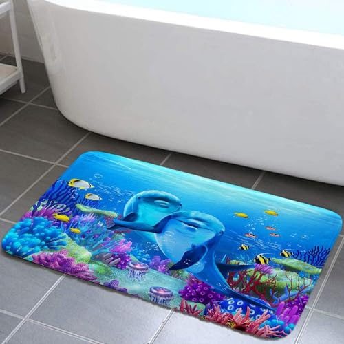 Jipusai Tapis de bain antidérapant sous la mer, motif dauphin mignon, tapis de salle de bain, tapis de bain, décoration de chambre, 48,3 x 78,7 cm