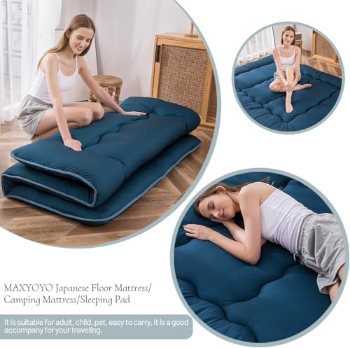 Image of MAXYOYO Japanese Floor Mattress Futon Mattress, Thicken Sleeping Pad Foldable Roll Up Floor Futon for Adults Tatami Mat Dormitory Lounger, Bluestone, Full Size