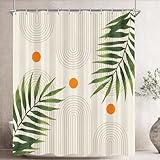Lerores Duschvorhang 180x200 cm Punkt Grüne Blätter, Beschwerter Saum Antischimmel Textil, Wasserabweisend, Waschbar Polyester Badevorhänge mit 12 Ösen & Duschvorhangringen für Badezimmer, Badewanne