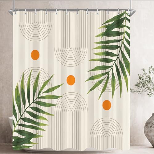 Lerores Duschvorhang 180x200 cm Punkt Grüne Blätter, Beschwerter Saum Antischimmel Textil, Wasserabweisend, Waschbar Polyester Badevorhänge mit 12 Ösen & Duschvorhangringen für Badezimmer, Badewanne