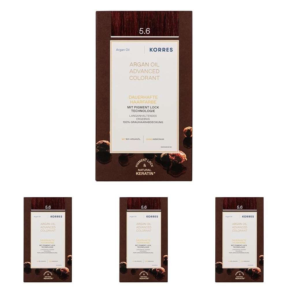KORRES Argan Oil Colorant – ammoniakfreie Haarfarbe mit Bio-Arganöl Hellbraun Rot 5.6 – 100% Grauhaarabdeckung & vegan für ein langanhaltendes Farbergebnis (Packung mit 4)
