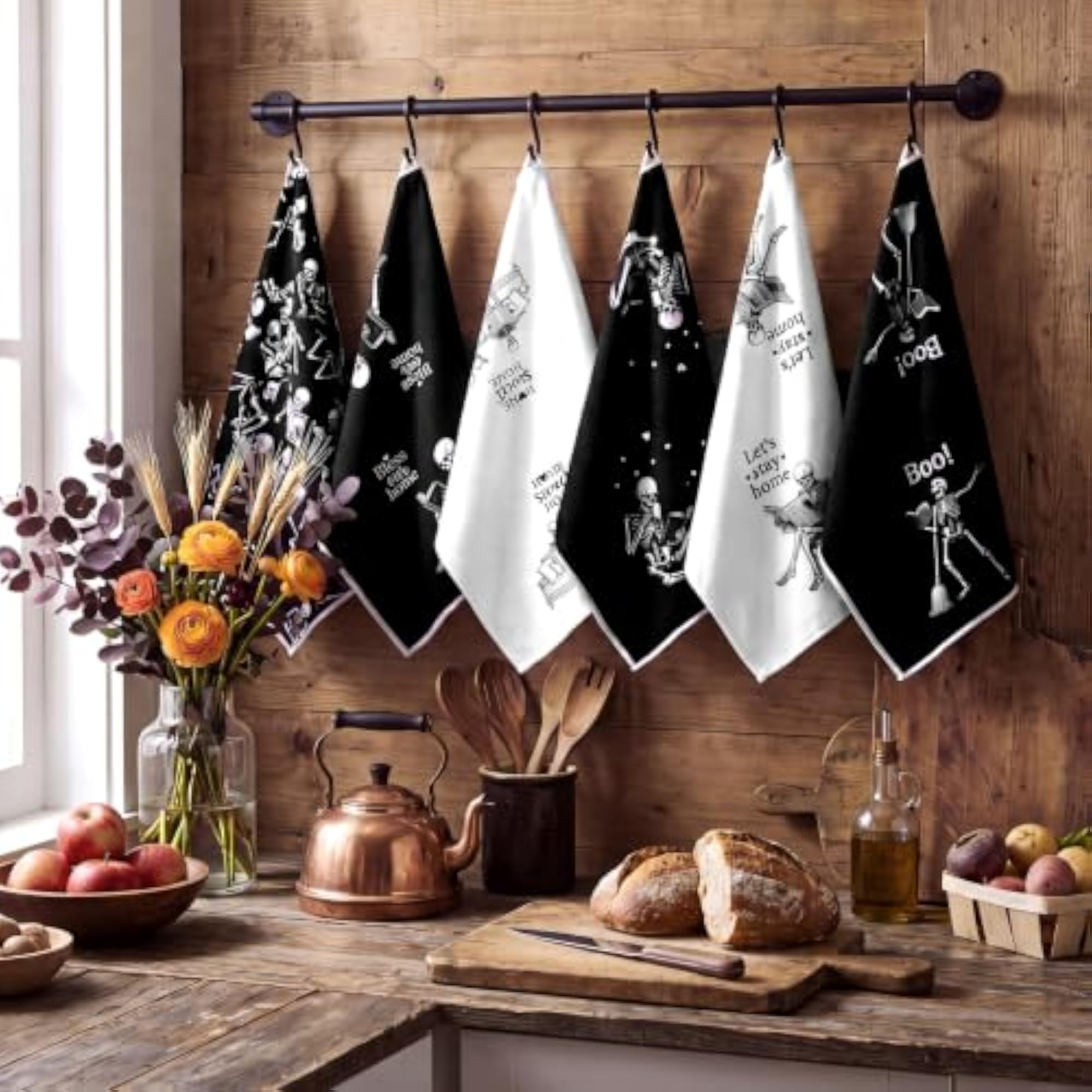 Set of 6 Gothic Kitchen Towels, Spooky Decor
