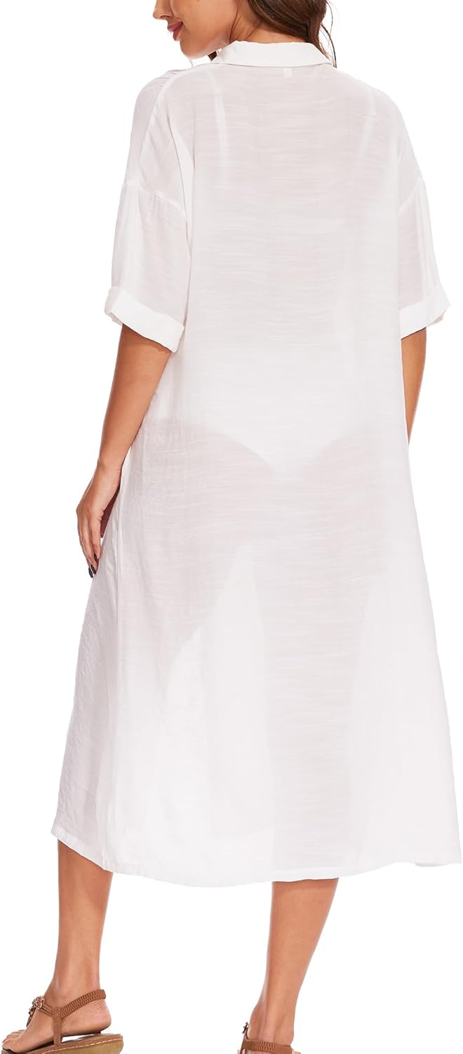 Breezy Lane Swimsuit Coverup for Women Long Button Down Shirt Dress Vacation Wear