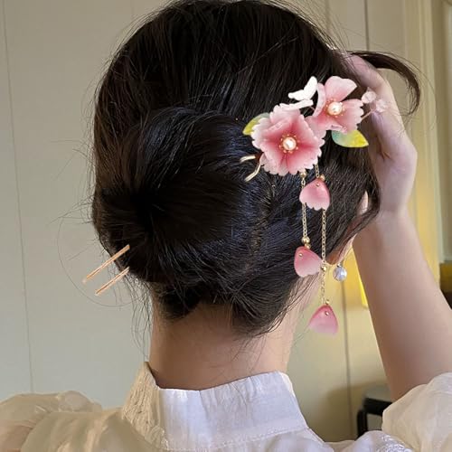 Pinza para cabello artesana con flor de durazno rosa y hojas, con borla miniatura 3