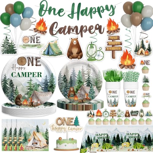 Hombae One Happy Camper Birthday Decorations 190PCs 1 Year Old Camping Party Decor 1st Birthday Party Supplies with Balloons Tablecloths Cupcake Cake Toppers Plates Napkins Forks Straws Service 24