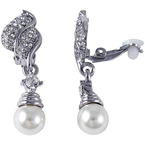 Isaac Kieran Rhodium Finish Faux Pearls Pave Crystals Dangle Clip On Earrings Cover