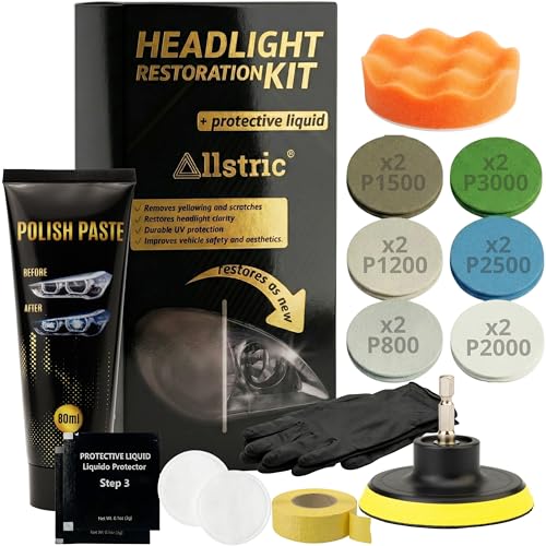 Allstric® Kit Pulir Faros Coche con Polímero Líquido y Barniz Faros Coche. Pulimento Faros Profesional y Restaurador Faros Opacos para Pasar ITV. Kit Pulido Faros Coche Mejor Visibilidad y Seguridad