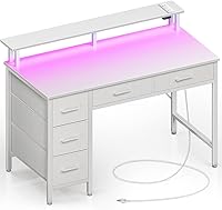 Seventable 39 Inch Computer Desk with Power Outlets, RGB LED Lights & 5 Drawers, Monitor Stand Home Office Writing Desk, White