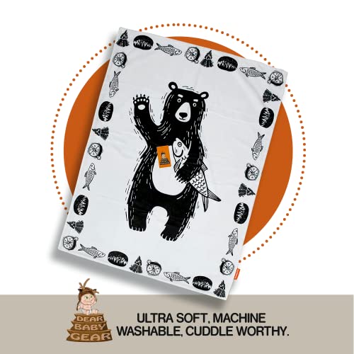 Image of Dear Baby Gear Bears Deluxe Baby Blanket - Reversible, Milestone & Newborn Gifts for Girls and Boys - Bear with Fish - Reversible with Bears, Fish, Fires on White - 40 inch x 30 inch