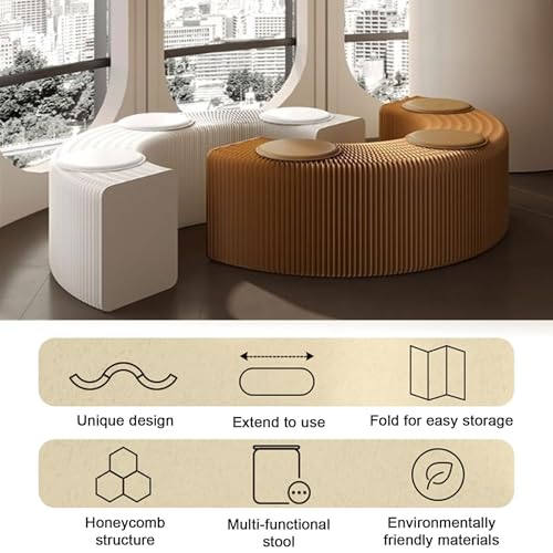 Image of Flexible Kraft Paper Folding Bench with 5 Cushion, 98 inch Retractable Honeycomb Ottoman, Collapsible Portable Seating for Entryway, Space-Saving Vanity Stool, 660 lbs Modern Sustainable Furniture (Brown)