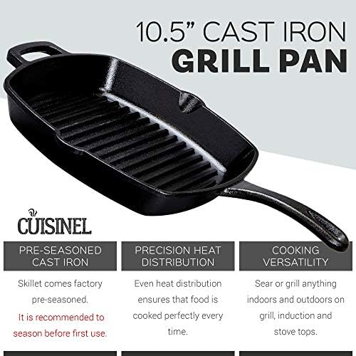 Cast Iron Grill Pan - 10.5"-Inch / 26.67cm Pre-Seasoned Square Grilling Skillet + Silicone Handle Cover + Pan Scraper - Grill, Stovetop, Induction Safe - Indoor and Outdoor Use