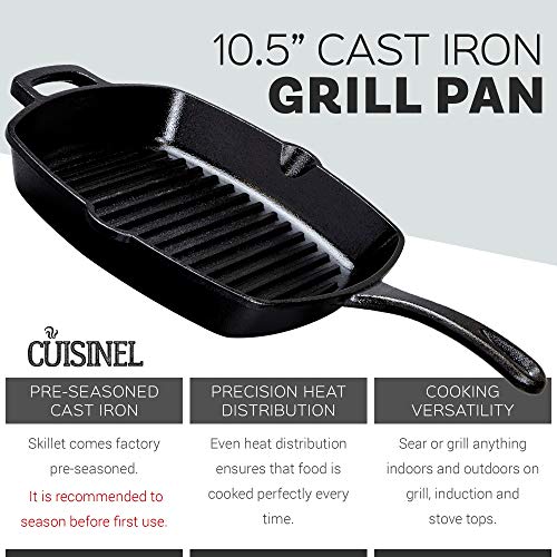 Cast Iron Square Grill Pan With Glass Lid - 10.5 Inch Pre-Seasoned Skillet With Handle Cover And Pan Scraper - Grill, Stovetop, Induction Safe - Indoor And Outdoor Use - For Grilling, Frying, Sauteing #TOP1