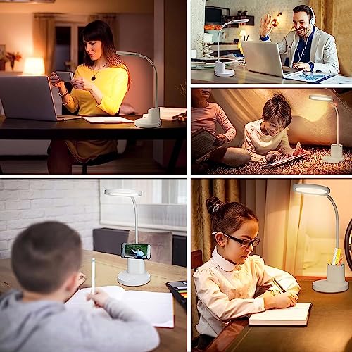 Image of LED Night Light Desk Lamp Eye Protection LED Lamp Flexible Bedside Table Desk Lamp LED Reading Desk Light with USB Charging Multi-Function Socket (Round Study Lamp with Pen Holder)