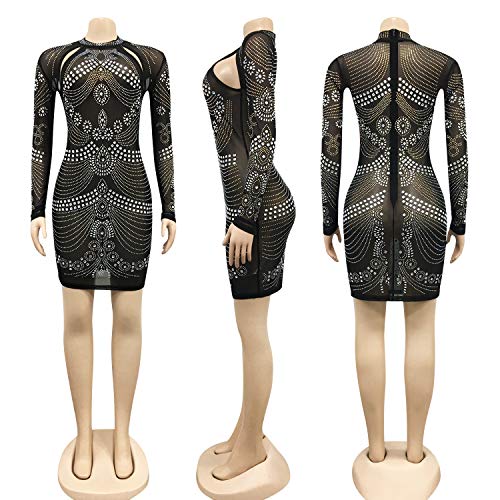 Image of PORRCEY Women's Sexy Elegant Rhinestone Mesh Party Club Night Mini Dress