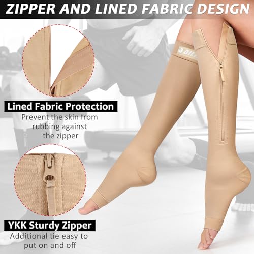 Image of Ailaka Zipper Compression Socks for Women Men, 20-30 mmHg Open Toe Compression Socks Knee High, Ted Hose Compression Stockings for Edema, Varicose Veins