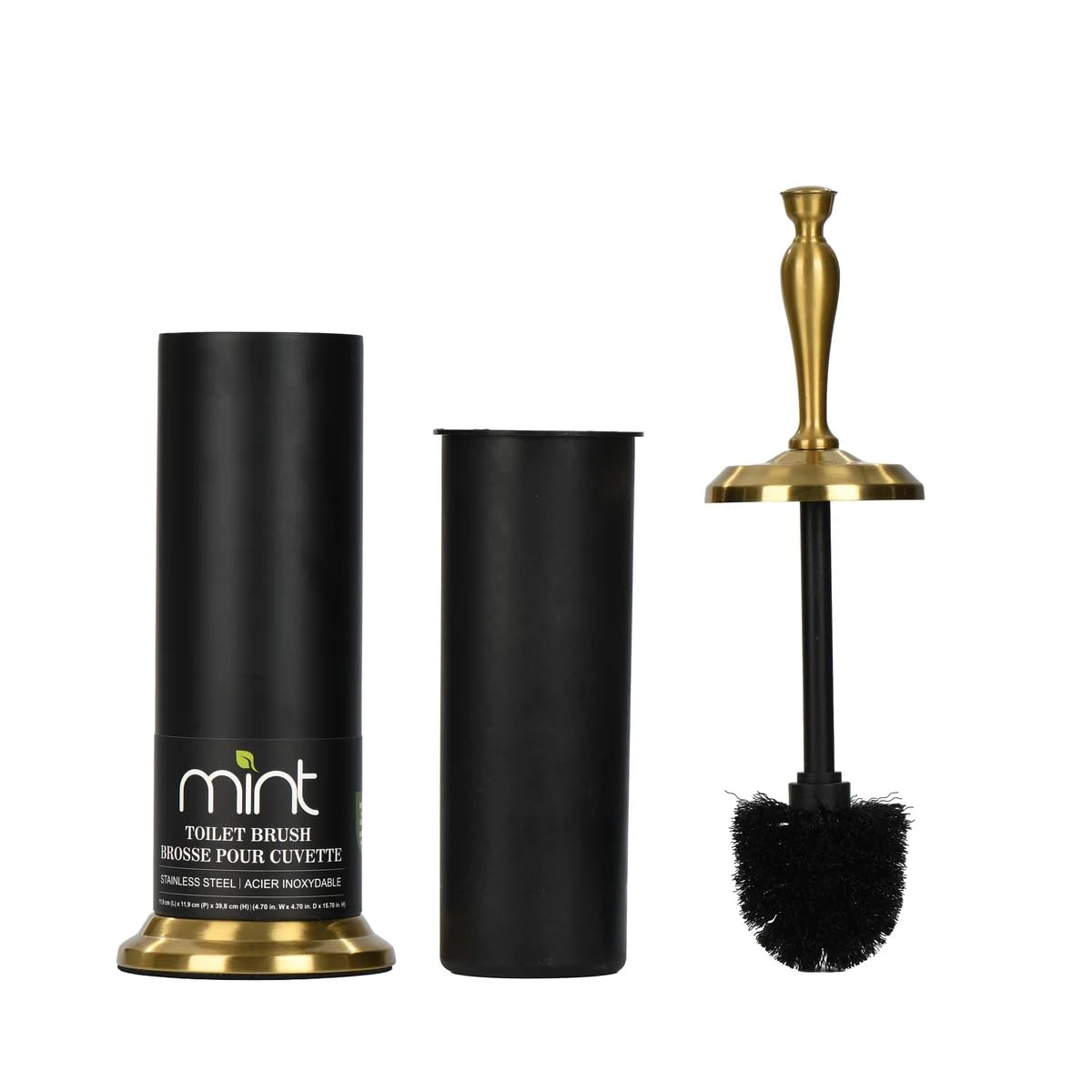 J&V TEXTILES Cepillo de inodoro, cepillo de inodoro con mango extralargo, cerdas duraderas, limpiador de inodoro y soporte cubierto para limpieza de baño (negro mate/latón envejecido)