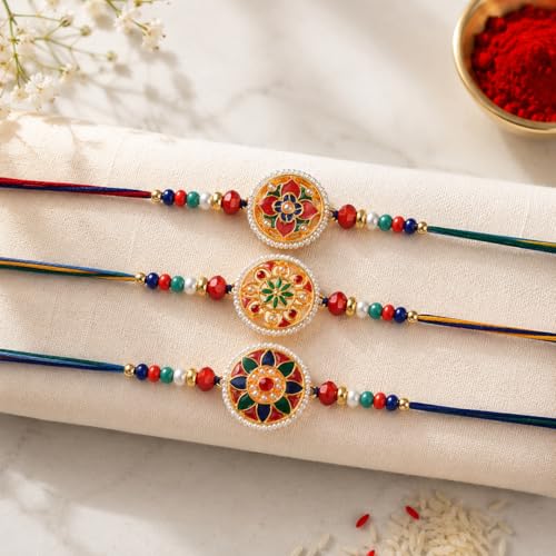 Image of Rakhi for Brother Set of 3 Raksha Bandhan Traditional Bracelet Gift fo Bhai