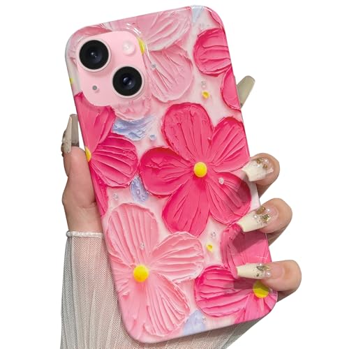 Jmltech for iPhone 15 Plus Case Women Trendy Girly Aesthetic Cute Floral Flowers Luxury Sparkle Silicone with Charms Phone Strap Lanyard Oil Painting Shockproof Protective Cases