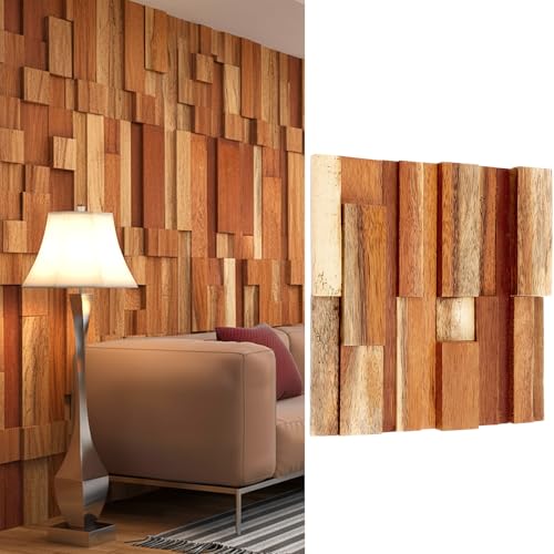 Kathfly 1 Pcs Wood Wall Panels, Reclaimed Real Teak Wood 3D Panels for Interior Accent Wall, Mosaic Paneling Tiles, Natural DIY Decor for Living Room, Bedroom, Office, Covers 1 Sq ft by Kathfly - Used condition - US$14.13