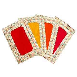 Set of 4 Mat Aasan Decorative Velvet Pooja Cloth Small Pooja Cloth Mat Aasan Multipurpose Indian Traditional Pooja New Year Decoration Festival Puja Item Article(Size:-11"X7")(Red/Pink/Yellow/Orange)