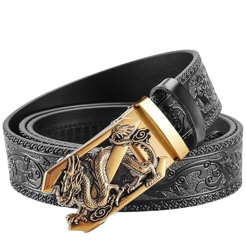 Luxury Men's Belts Engraved Vintage Dragon Head Automatic Buckle Alloy, Leather Men Waist Strap, Slide Easier Adjustable Belt, Cut To Fit, Men Dress Casual Ratchet Belt