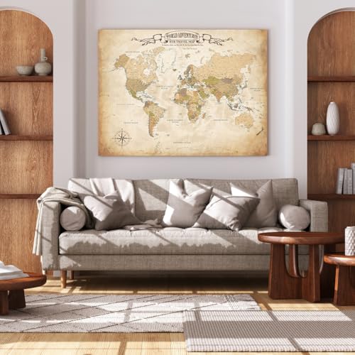 Image of DECORARTS - Oversized World Travel Map with Pins, Pin Board Canvas Wall Art, Extra Large Antique Old World Maps for Wall, Giclee Print, Handcrafted in USA, 40x30''
