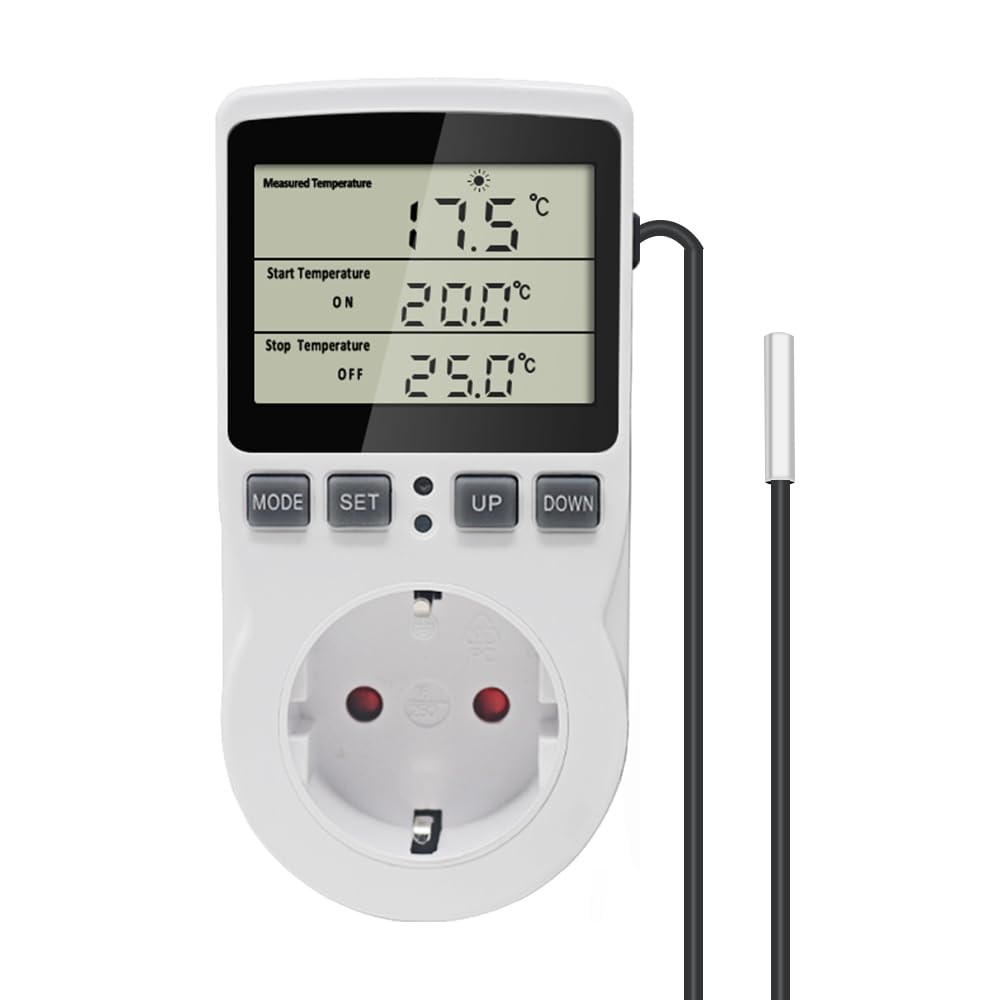 KT3100 - Termostato digitale con regolatore di temperatura, presa 230 V 16 A, con sensore 3 m, riscaldamento, frigorifero, termostato, regolatore per serra rettile terrario casa