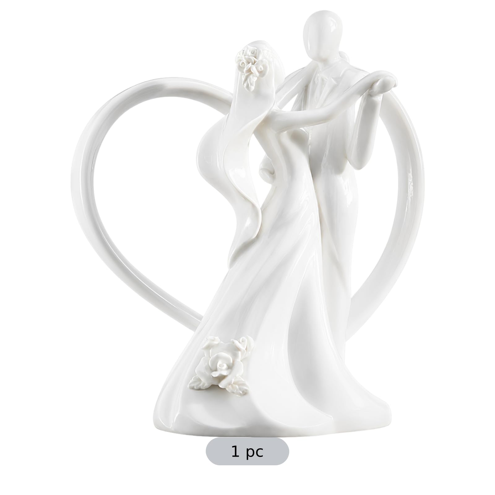 Keramik Cake Topper in Cremeweiß, tanzendes Brautpaar mit Herzmotiv, 18,2 cm hoch, Hochzeitsfigur als Sammlerstück für Empfang, Jubiläum sowie Deko für Zuhause und Büro