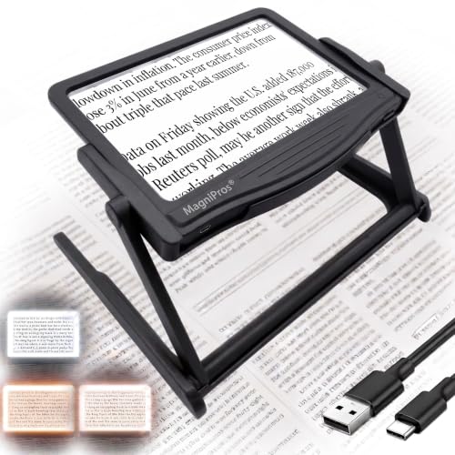 Image of MAGNIPROS 5X Rechargeable LED Page Magnifier with Foldable Stand, Hands-Free Lighted Magnifier with 3 Color Modes, Anti-Glare Lens for Reading Small Print, Low Vision, Seniors, Crafts
