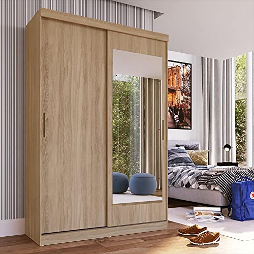 Guarda Roupa Solteiro com Espelho 2 Portas de Correr 2 Gavetas Tuco Yescasa Avena/grafito