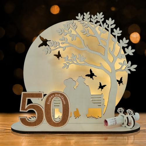 ARTREE Geldgeschenk Hochzeit 50 Jahre Ehe Goldene Hochzeitstag Deko Holz Geld Verpackung mit LED Lichterkette Romantisches Geschenkidee zum 50. Hochzeitstag Für Paare