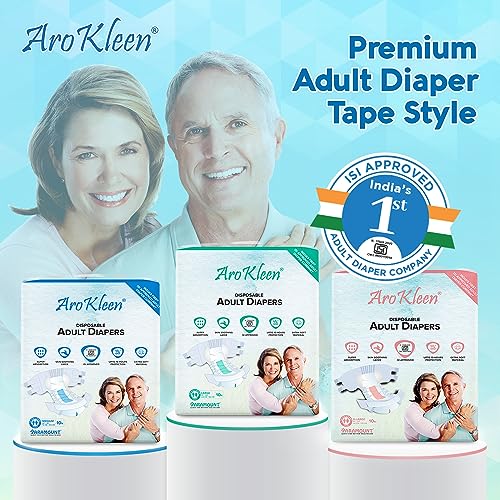 Image of Arokleen ISI Certified Adult Diapers Tape Style | Large (L) | 50 Count | Waist 40-59 Inch (102-150 cm) | All Night Protection | Unisex, High Absorbency, Leak Proof, Wetness Indicator, Pack of 5