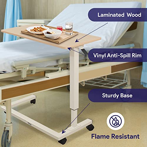 image for Medacure Hospital Bed Table, Light Oak - Overbed Table with Wheels & A