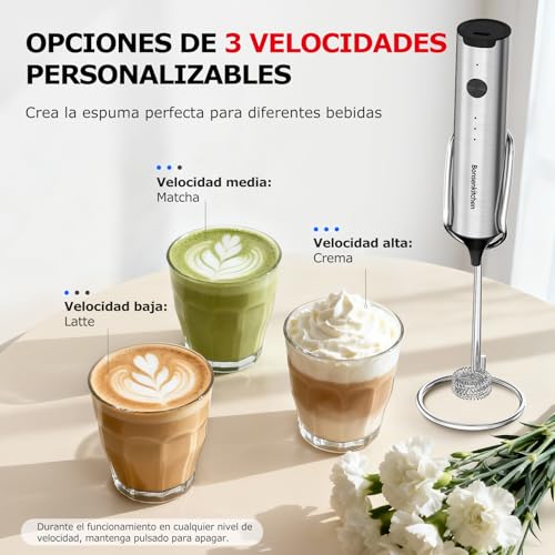 Miniatura 2 de Bonsenkitchen Espumador De Leche Manual Recargable Con Soporte, 3 Velocidades, Batidor Desmontable De Acero Inoxidable, Diseño Silencioso Para Cappuccino, Matcha, Regalos De Cocina