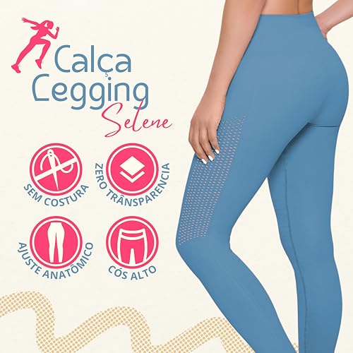 SELENE Legging Academia Poliamida Cintura Alta Sem Costura Fitness, Azul Claro, P