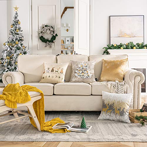 Phantoscope Pack Of 4 Merry Christmas Decorative Velvet Embroidery Throw Pillow Cover With Snowflake, Trees, Elves, Elk Cushion Covers For Xmas Couch Sofa, Beige And Gold, 18 X 18 Inches, 45 X 45Cm #TOP1