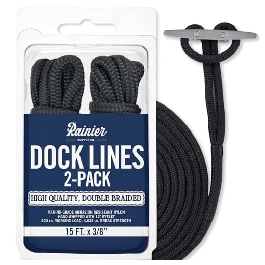 Rainier Supply Co Dock Lines - 2 Pack 15' Double Braided Nylon Dock Line/Mooring Lines - Ultra Strong and Soft - Boat Accessories - 15' x 3/8" with 12" Eyelet, Black