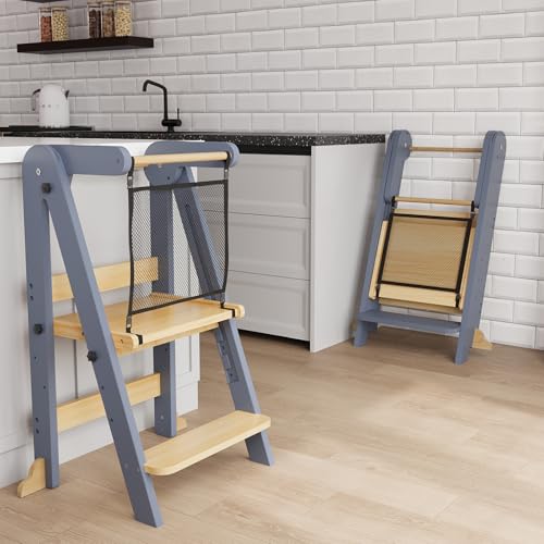 Image of ROOMTEC Foldable Toddler Kitchen Tower, 3 Adjustable Height Wooden Step Stool, Toddler Standing Tower with Safety Net (Gray)