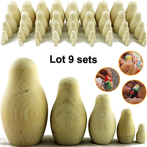 Lot of 9 Matryoshka Russian Nesting Doll Babushka Blank Unpainted Set 5 Pieces Pcs