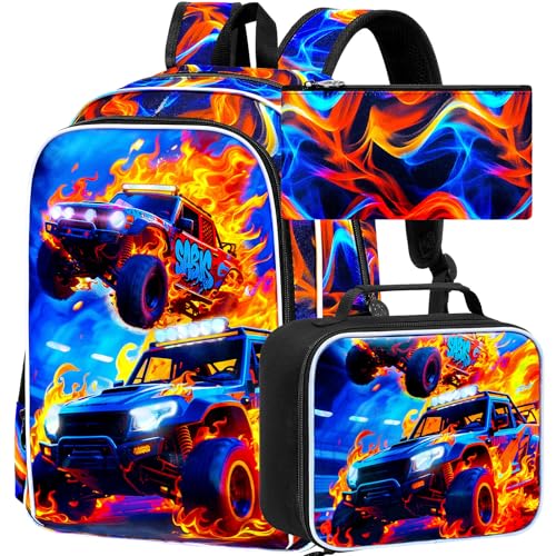 Image of 3Pcs Race Car Backpack, Boys Kids Bookbag with Lunch Box, 17 inch School Backpacks for Elementary Preschool Kindergarten (Fire Red)