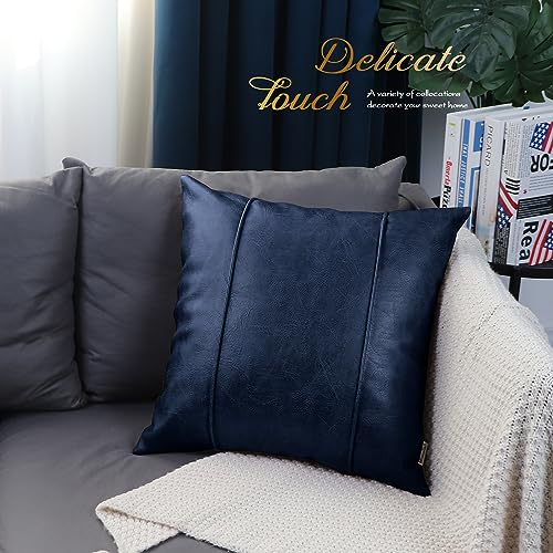Image of BRAWARM Navy Blue Leather Throw Pillow Covers 20 X 20 Inches - Faux Leather Pillow Cover with Piping, Hand Stitched Leather Throw Pillow for Couch Sofa Bed Living Room Home Decorative